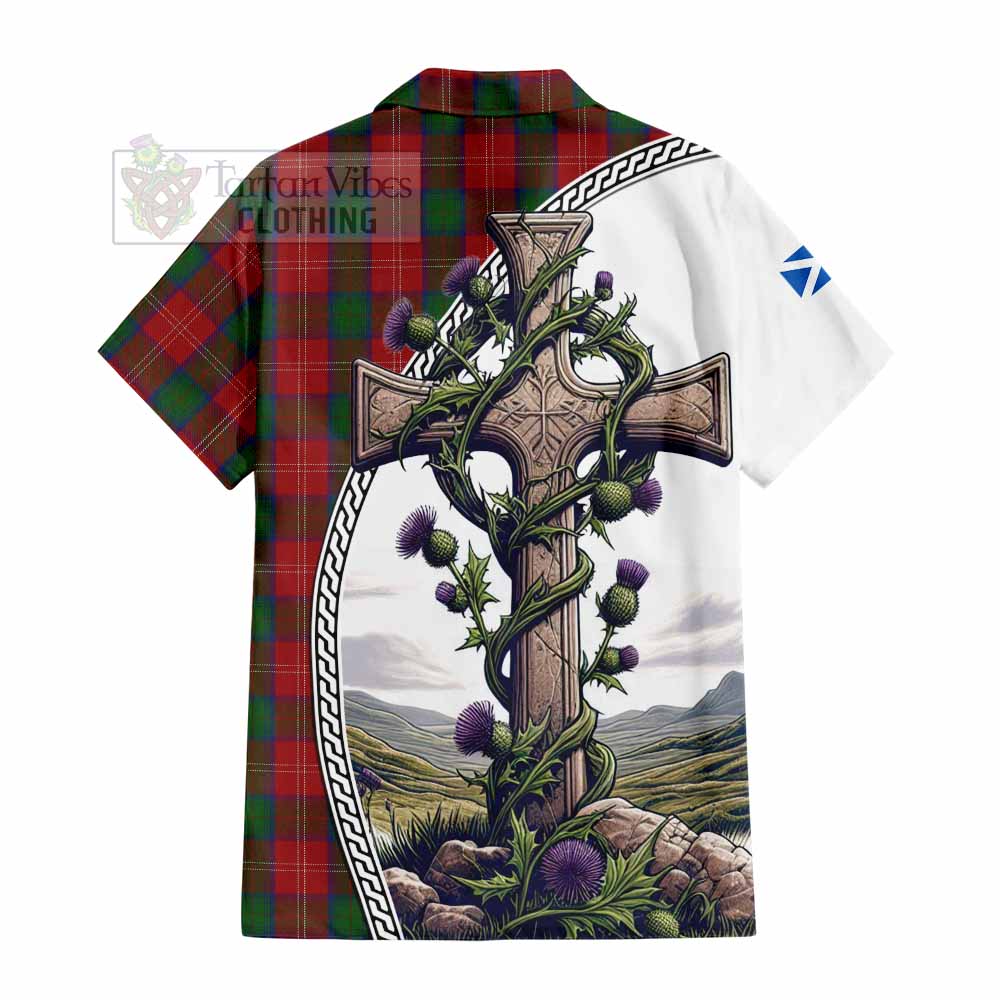 Tartan Vibes Clothing Chisholm Tartan Short Sleeve Button Shirt with Family Crest and St. Andrew's Cross Accented by Thistle Vines