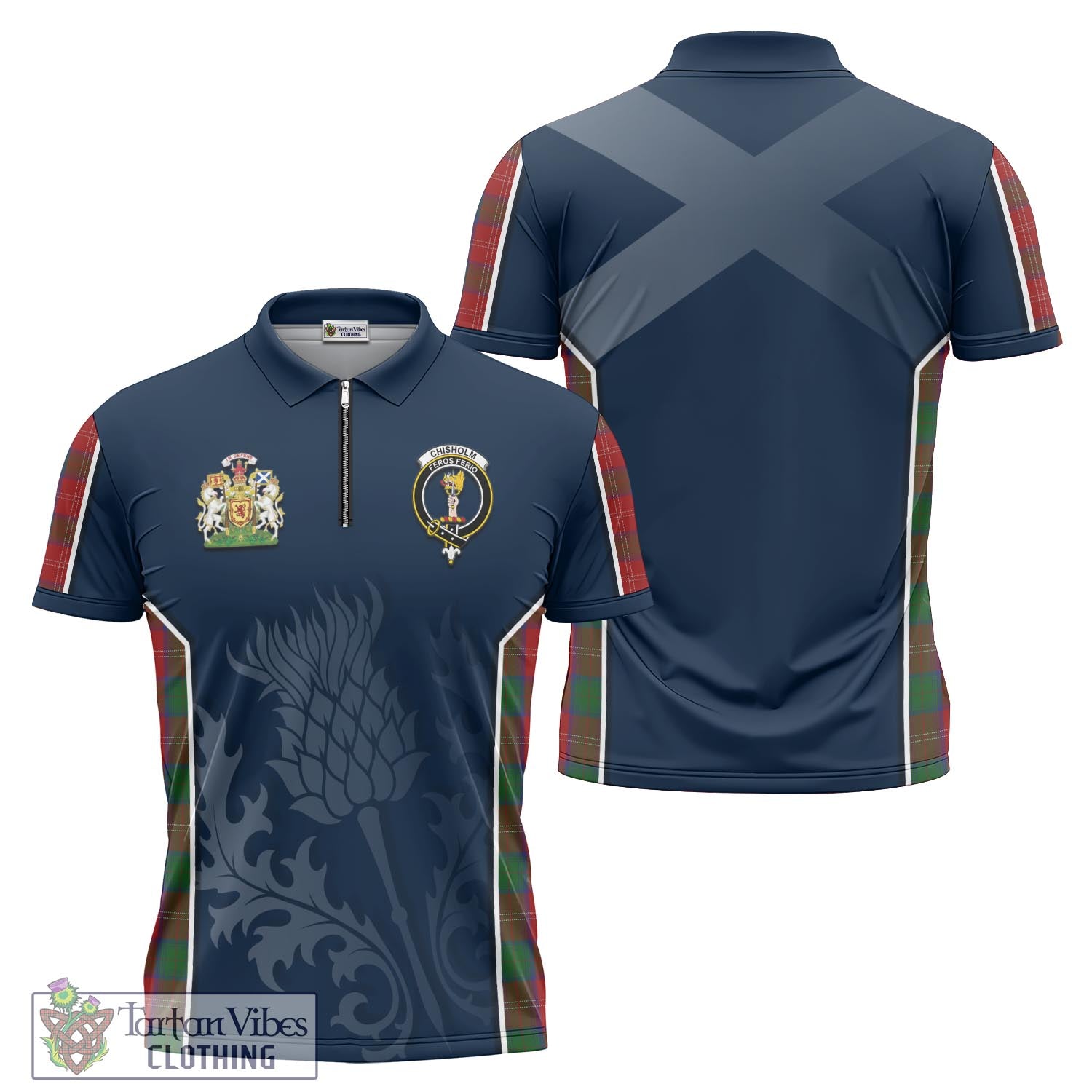 Tartan Vibes Clothing Chisholm Tartan Zipper Polo Shirt with Family Crest and Scottish Thistle Vibes Sport Style