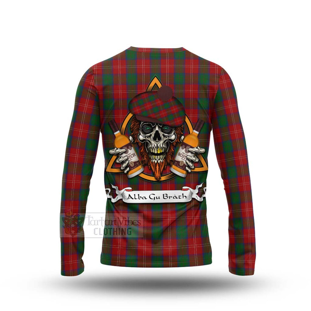 Tartan Vibes Clothing Chisholm Tartan Long Sleeve T-Shirt with Family Crest and Bearded Skull Holding Bottles of Whiskey