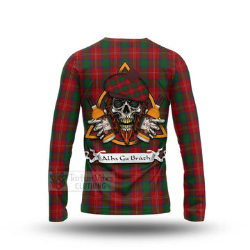 Chisholm Tartan Long Sleeve T-Shirt with Family Crest and Bearded Skull Holding Bottles of Whiskey