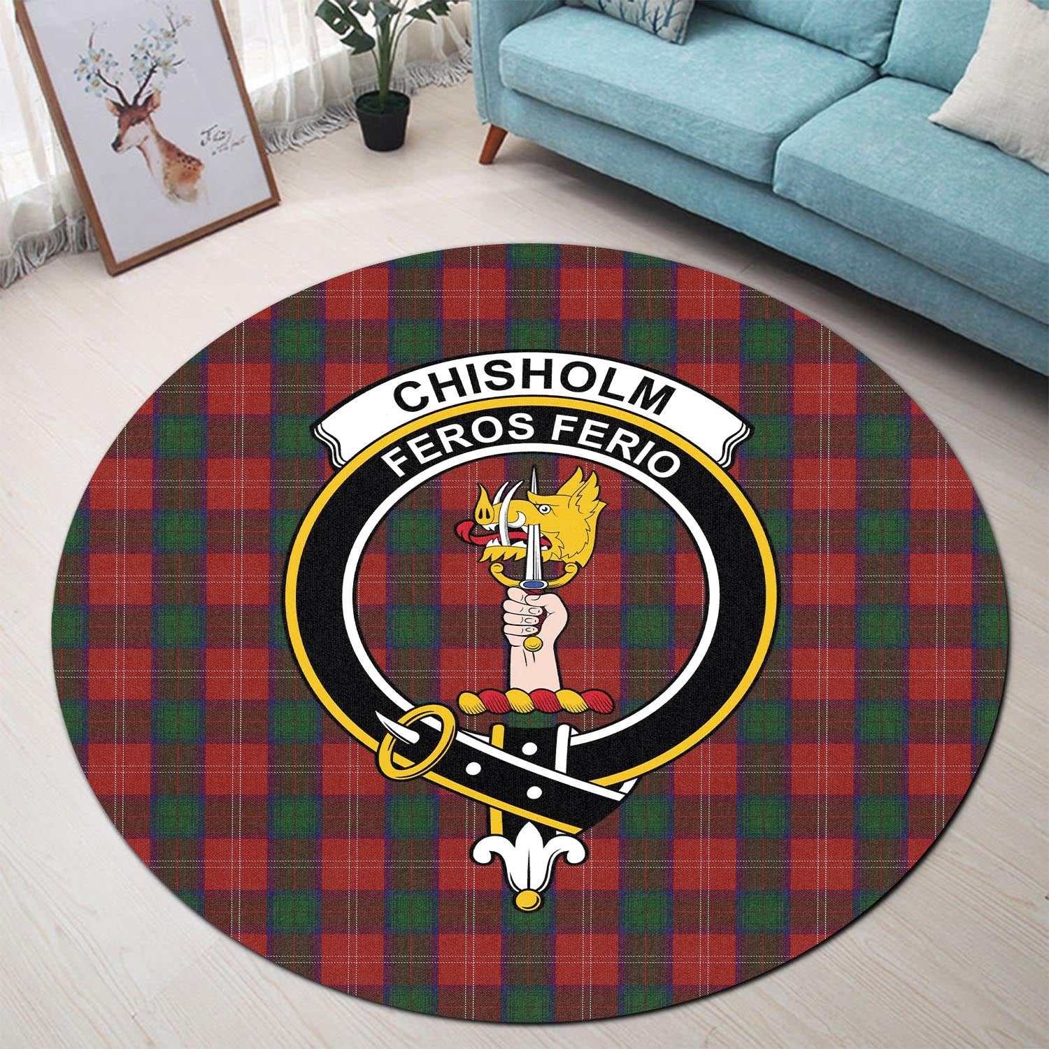 Chisholm Tartan Round Rug with Family Crest - Tartanvibesclothing