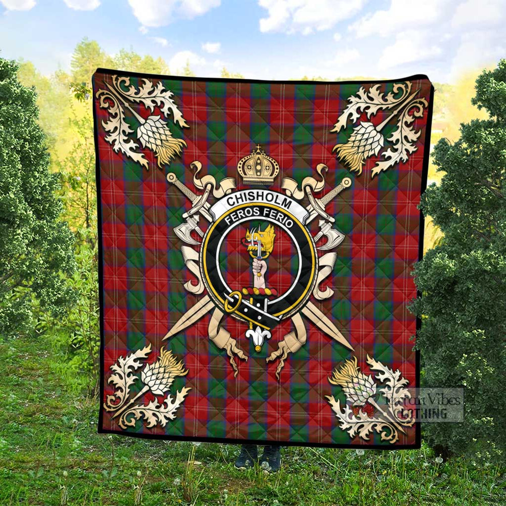 Tartan Vibes Clothing Chisholm Tartan Quilt with Family Crest and Scottish Golden Courage Shield