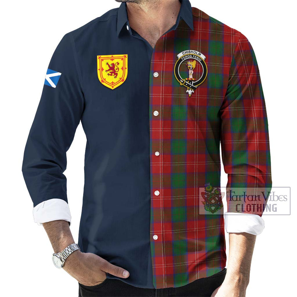 Tartan Vibes Clothing Chisholm Tartan Long Sleeve Button Shirt with Scottish Lion Royal Arm Half Style