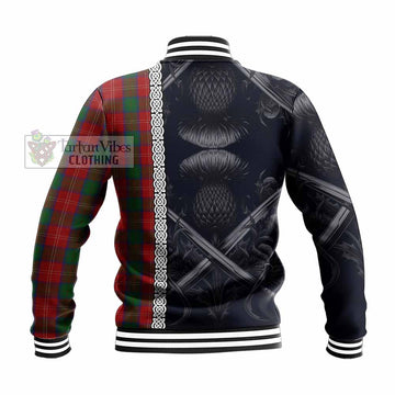 Chisholm Tartan Baseball Jacket with Family Crest Cross Sword Thistle Celtic Vibes