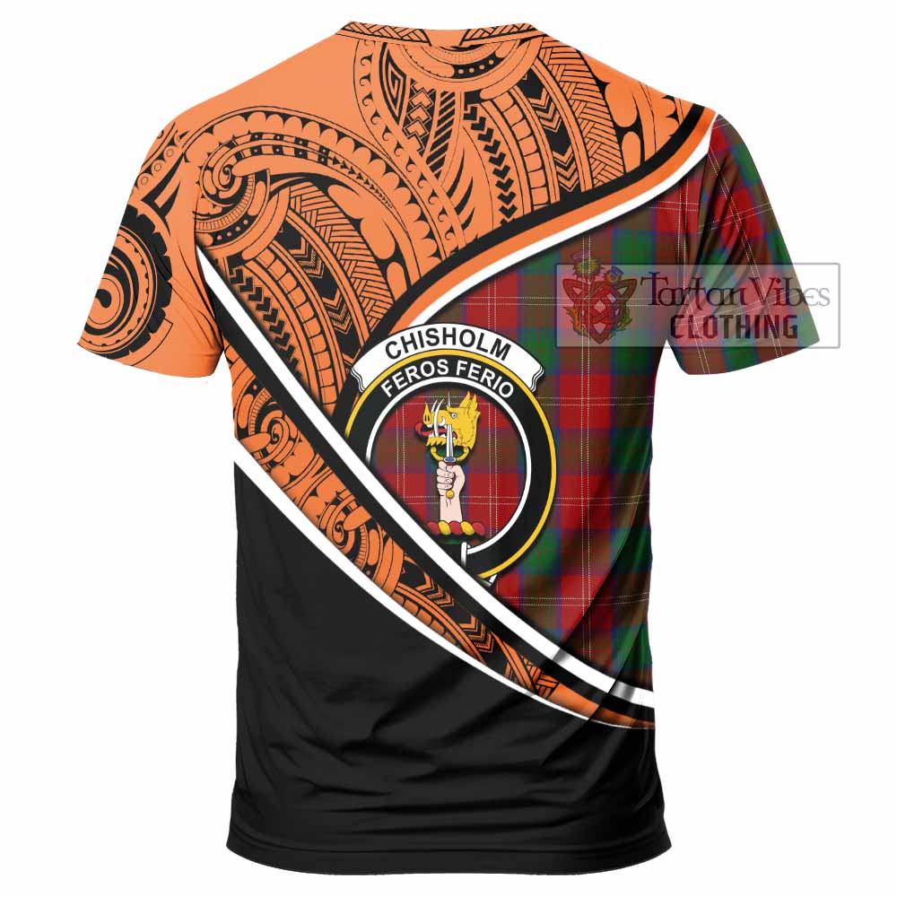 Tartan Vibes Clothing Chisholm Crest Tartan T-Shirt with Maori Tattoo Style - Orange Version