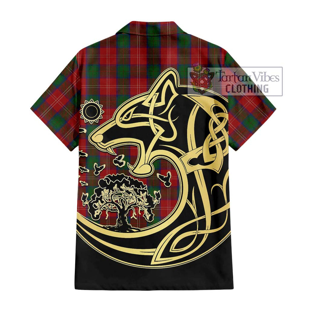 Chisholm Tartan Short Sleeve Button Shirt with Family Crest Celtic Wolf Style - Tartan Vibes Clothing