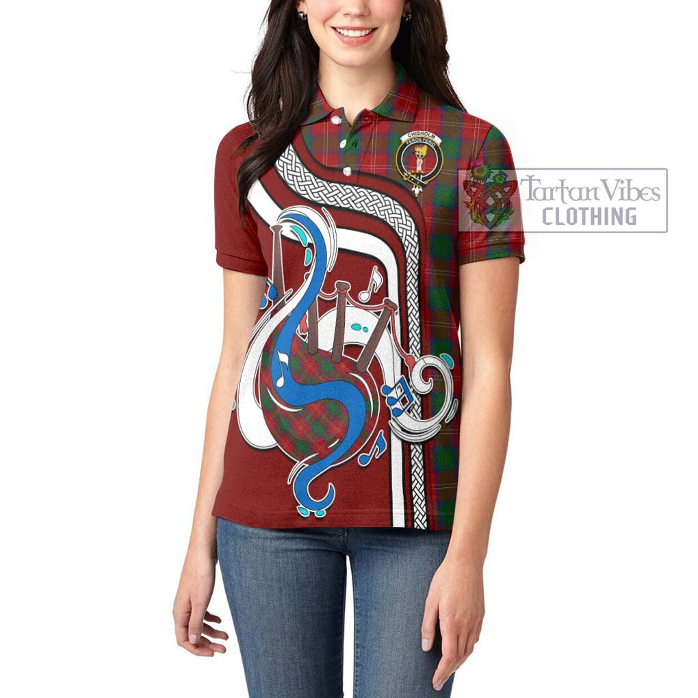 Chisholm Tartan Women's Polo Shirt with Epic Bagpipe Style - Tartanvibesclothing Shop