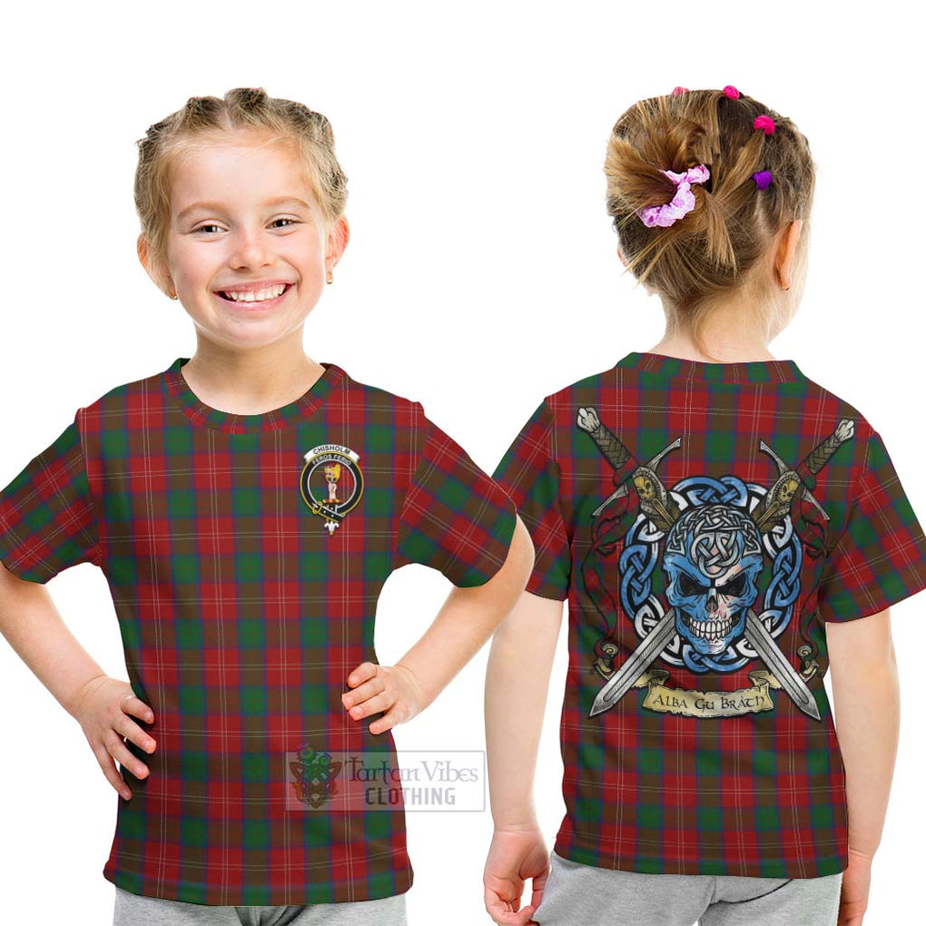 Tartan Vibes Clothing Chisholm Tartan Kid T-Shirt with Family Crest Celtic Skull Style