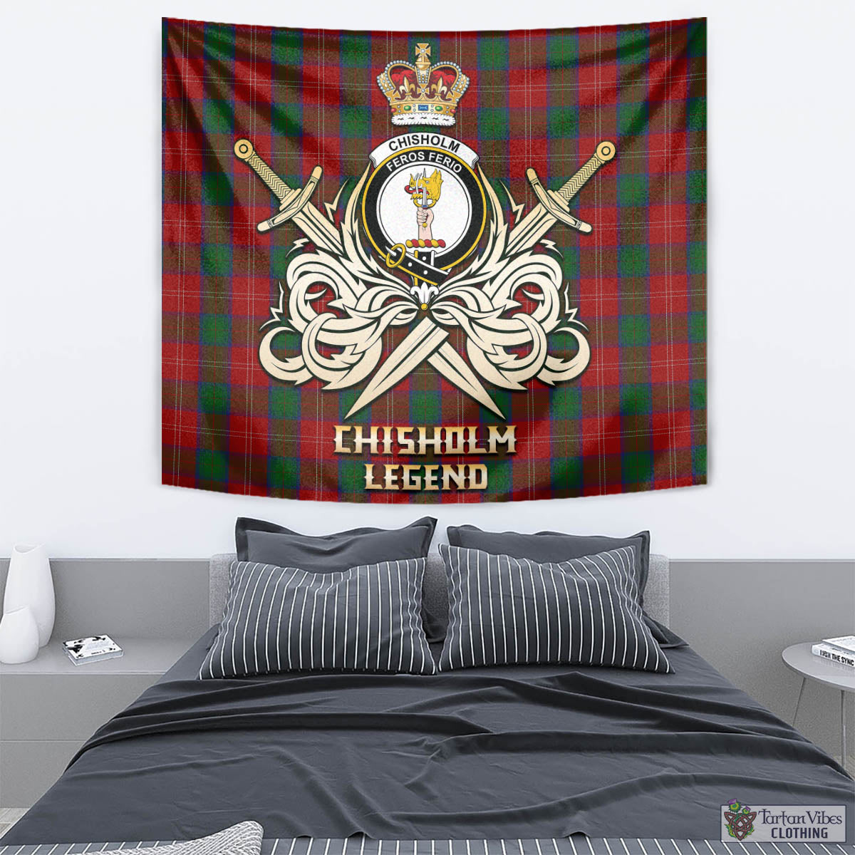 Tartan Vibes Clothing Chisholm Tartan Tapestry with Clan Crest and the Golden Sword of Courageous Legacy