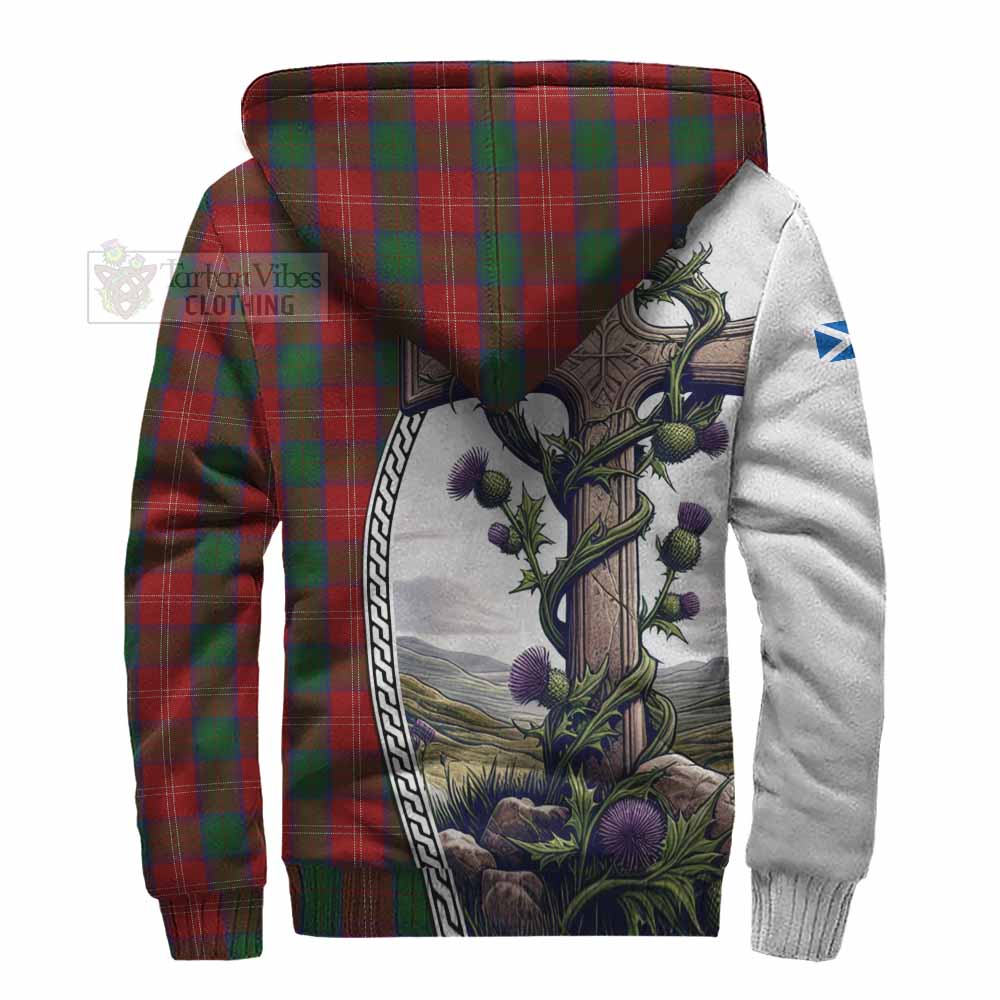 Tartan Vibes Clothing Chisholm Tartan Sherpa Hoodie with Family Crest and St. Andrew's Cross Accented by Thistle Vines