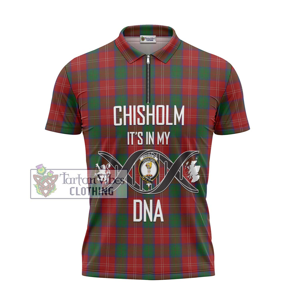 Chisholm Tartan Zipper Polo Shirt with Family Crest DNA In Me Style - Tartanvibesclothing Shop