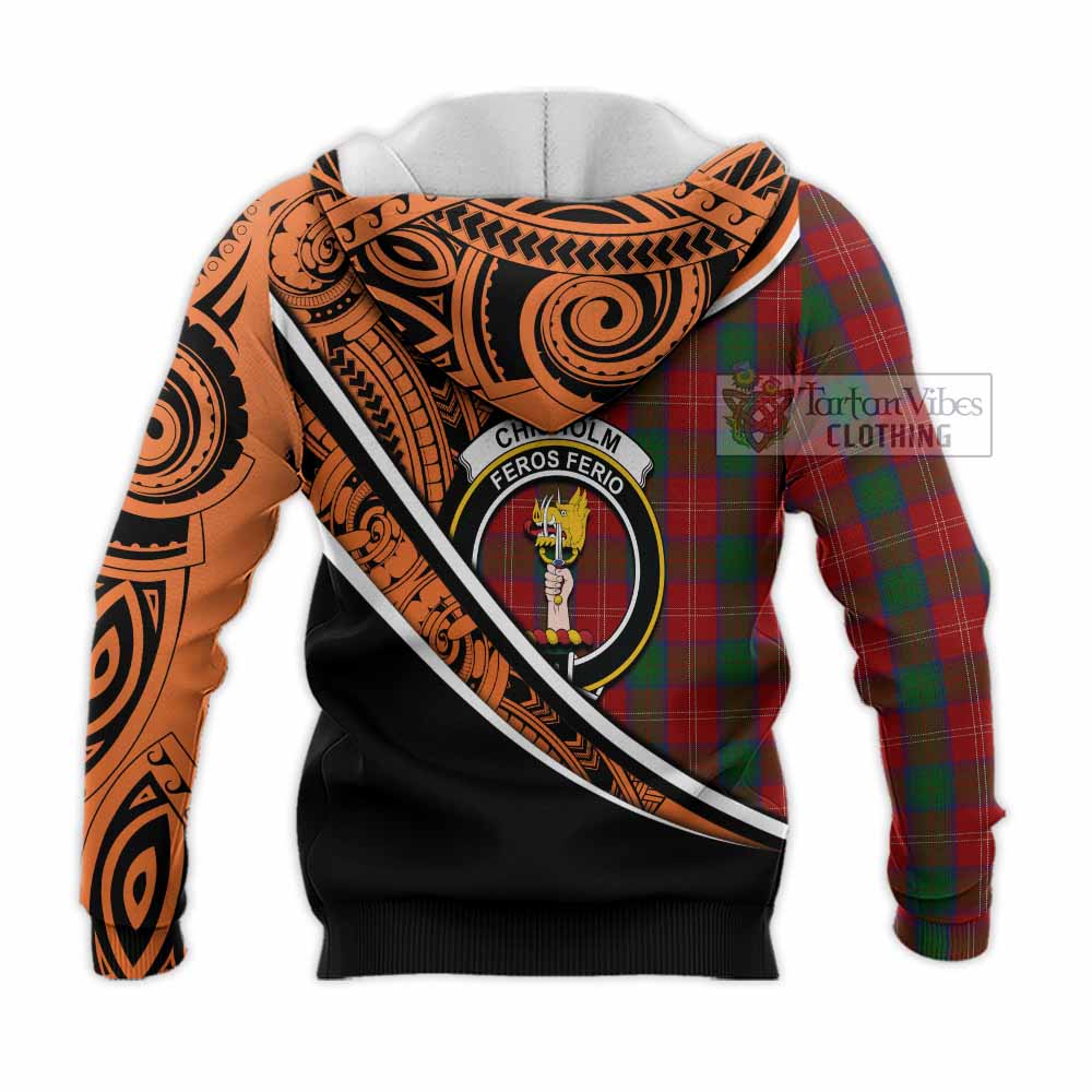 Tartan Vibes Clothing Chisholm Crest Tartan Knitted Hoodie with Maori Tattoo Style - Orange Version