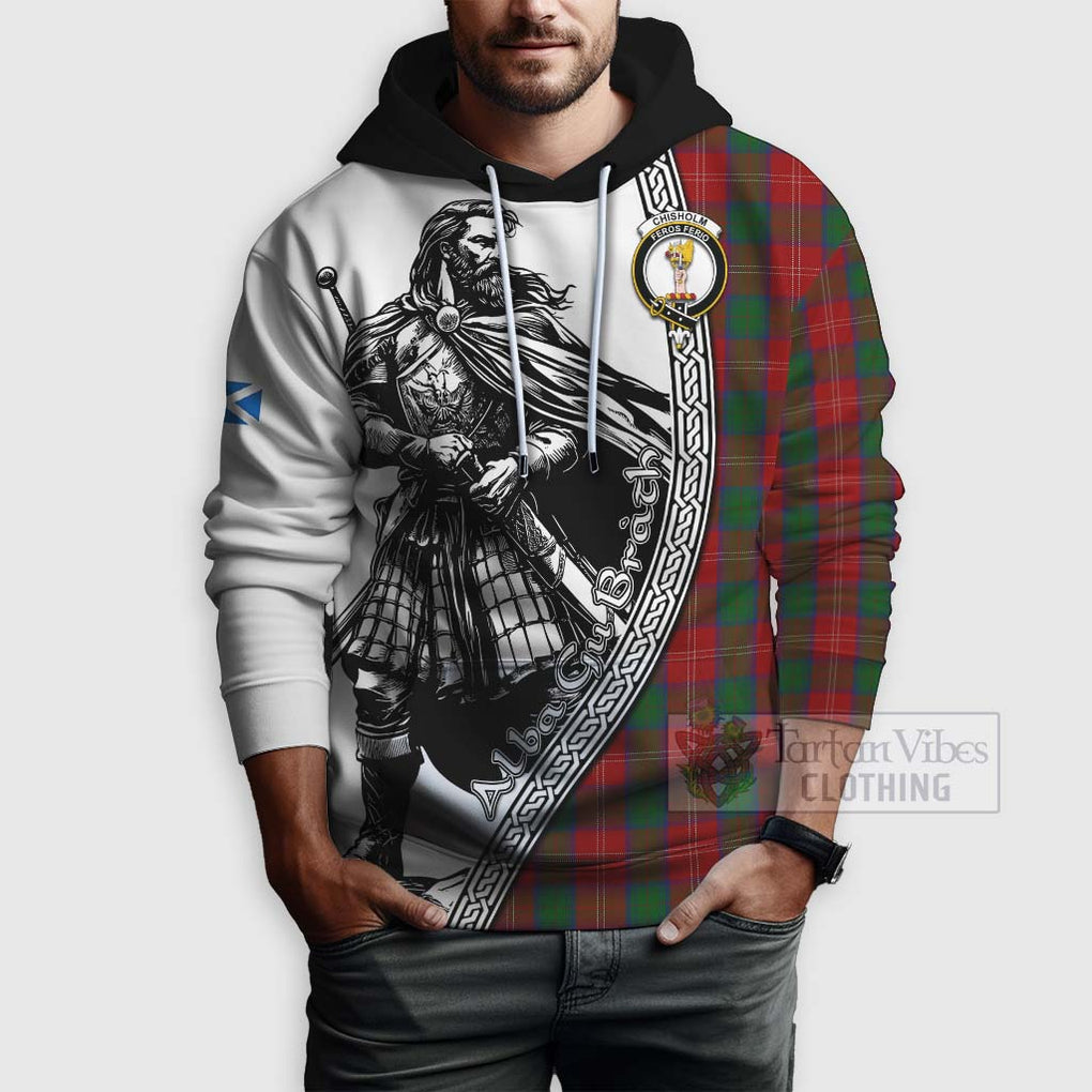 Tartan Vibes Clothing Chisholm Tartan Clan Crest Hoodie with Highlander Warrior Celtic Style