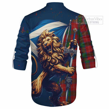 Chisholm Tartan Family Crest Ghillie Kilt Shirt with Scottish Majestic Lion