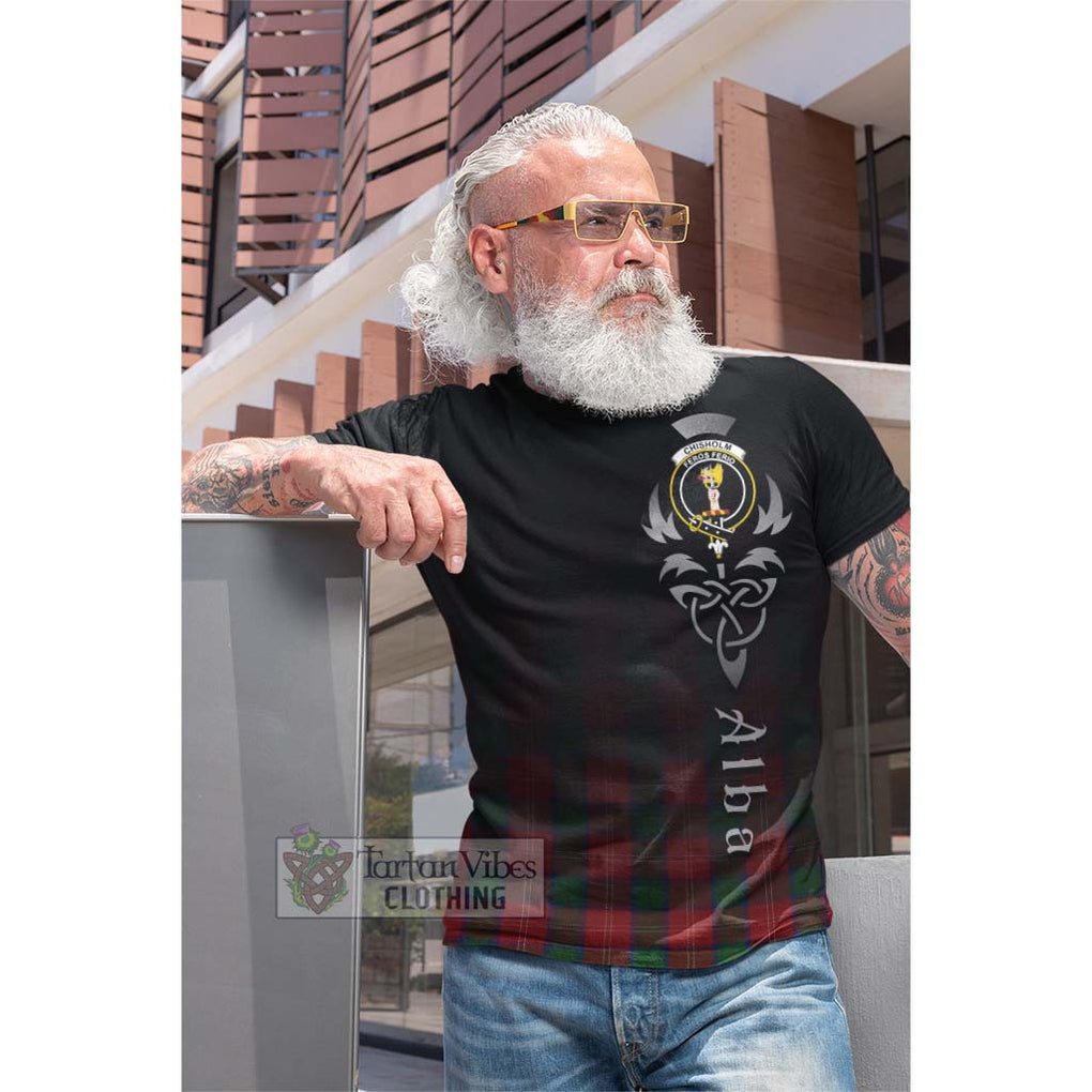 Tartan Vibes Clothing Chisholm Tartan Cotton T-shirt Featuring Alba Gu Brath Family Crest Celtic Inspired