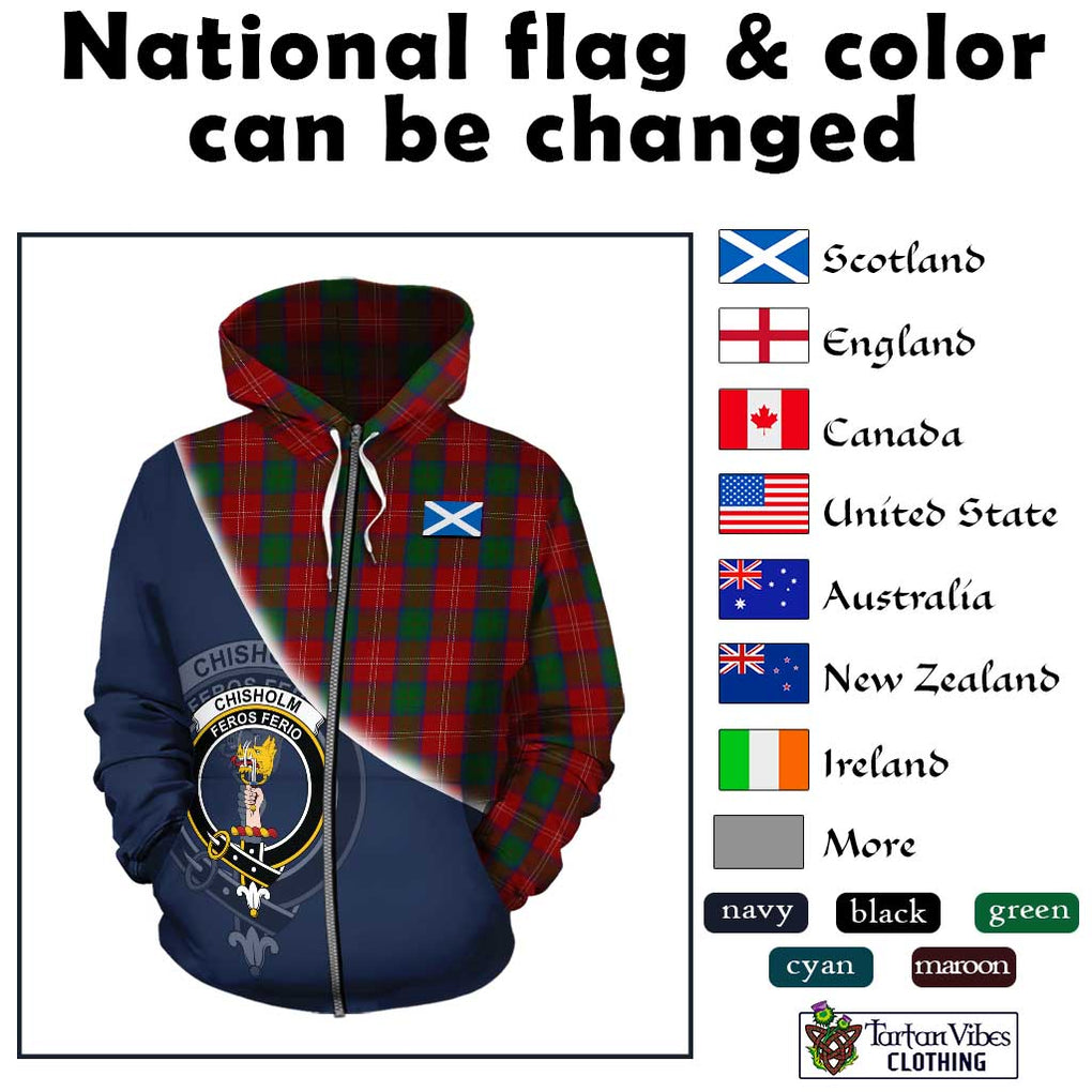 Chisholm Tartan Hoodie with Personalised National Flag and Family Crest Half Style - Tartanvibesclothing Shop