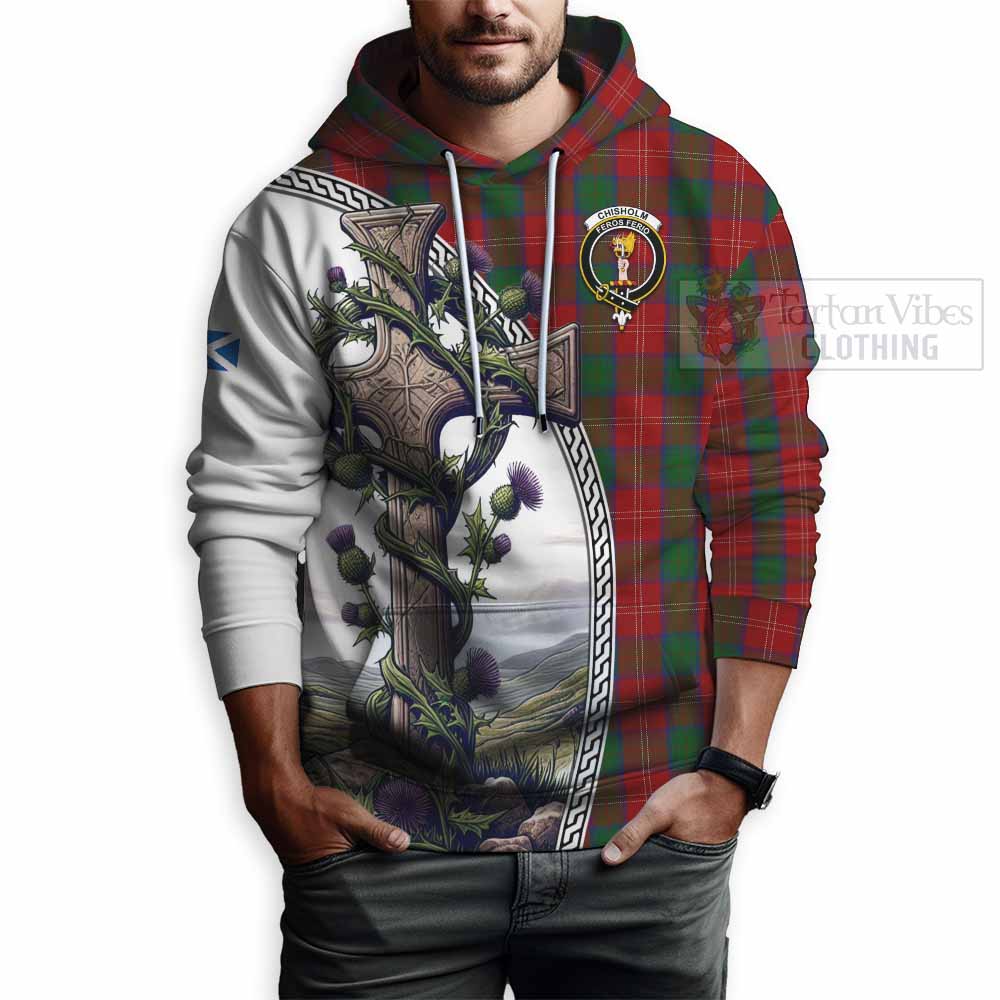 Tartan Vibes Clothing Chisholm Tartan Hoodie with Family Crest and St. Andrew's Cross Accented by Thistle Vines