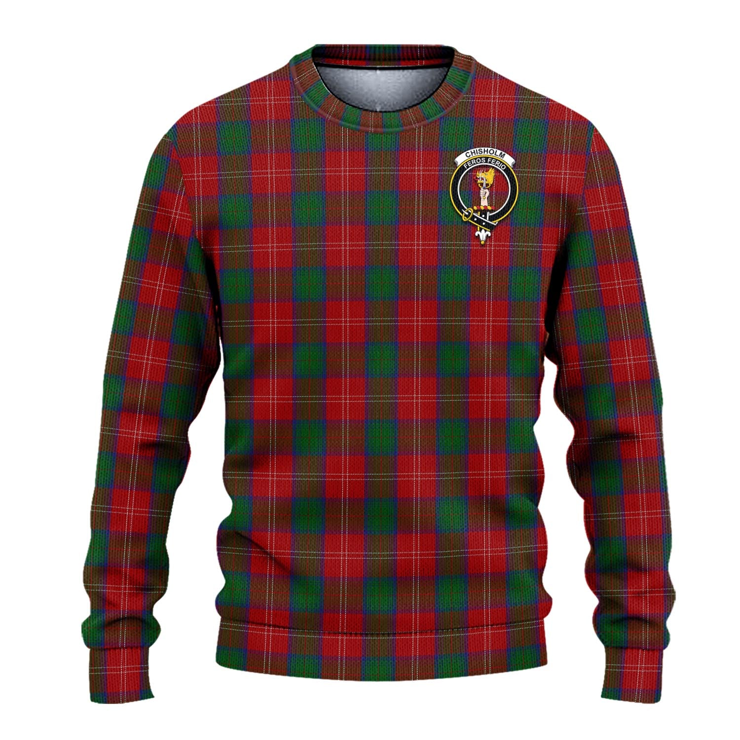 Chisholm Tartan Knitted Sweater with Family Crest - Tartanvibesclothing