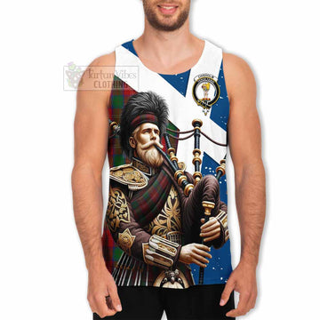 Chisholm Tartan Men's Tank Top with Family Crest Scottish Bagpiper Vibes