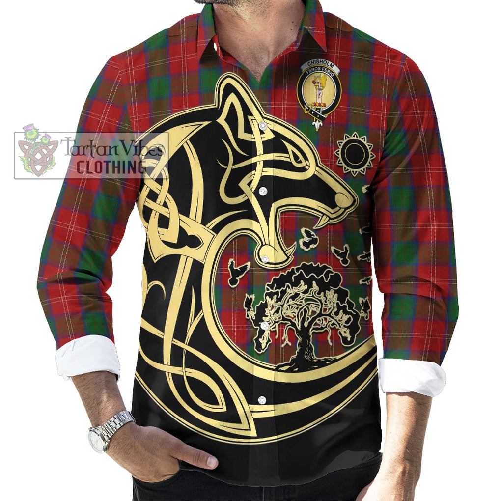 Chisholm Tartan Long Sleeve Button Shirt with Family Crest Celtic Wolf Style - Tartan Vibes Clothing