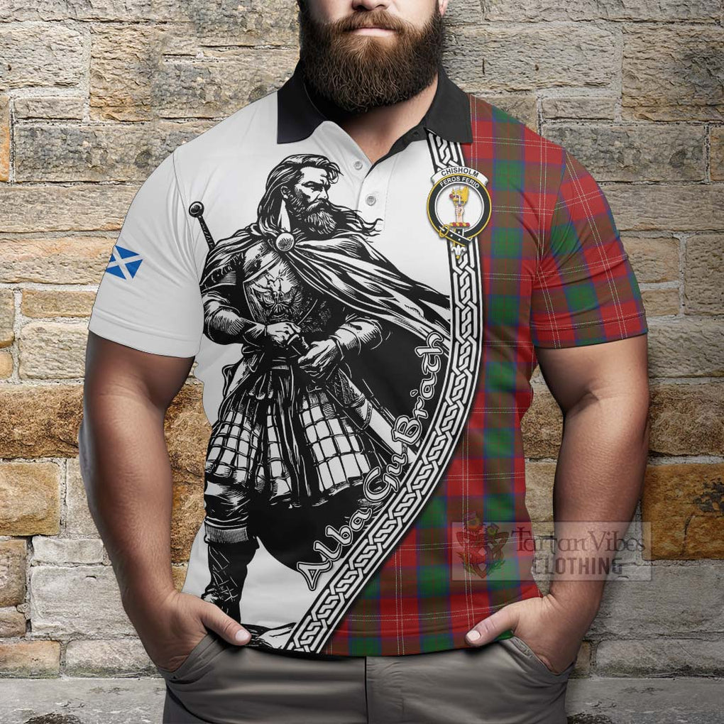 Tartan Vibes Clothing Chisholm Tartan Clan Crest Polo Shirt with Highlander Warrior Celtic Style