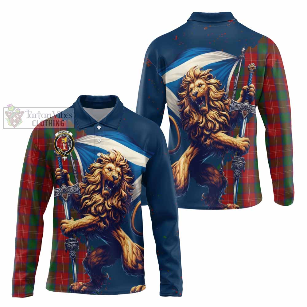 Tartan Vibes Clothing Chisholm Tartan Family Crest Long Sleeve Polo Shirt with Scottish Majestic Lion