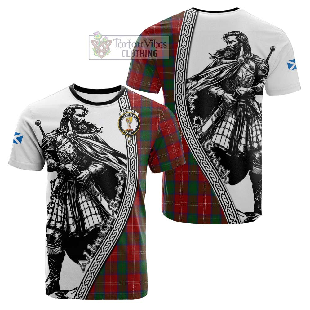 Chisholm Tartan Clan Crest Cotton T-shirt with Highlander Warrior Celtic Style