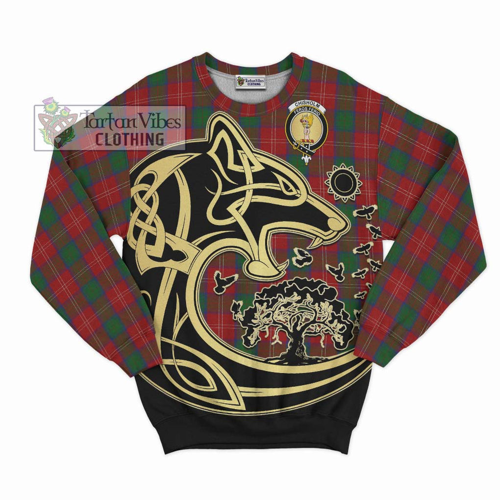 Chisholm Tartan Sweatshirt with Family Crest Celtic Wolf Style - Tartan Vibes Clothing