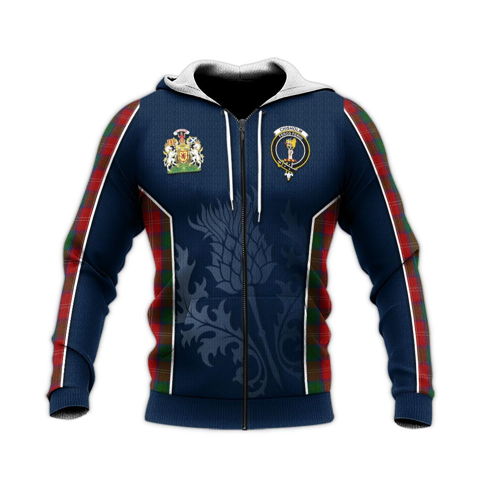 Tartan Vibes Clothing Chisholm Tartan Knitted Hoodie with Family Crest and Scottish Thistle Vibes Sport Style