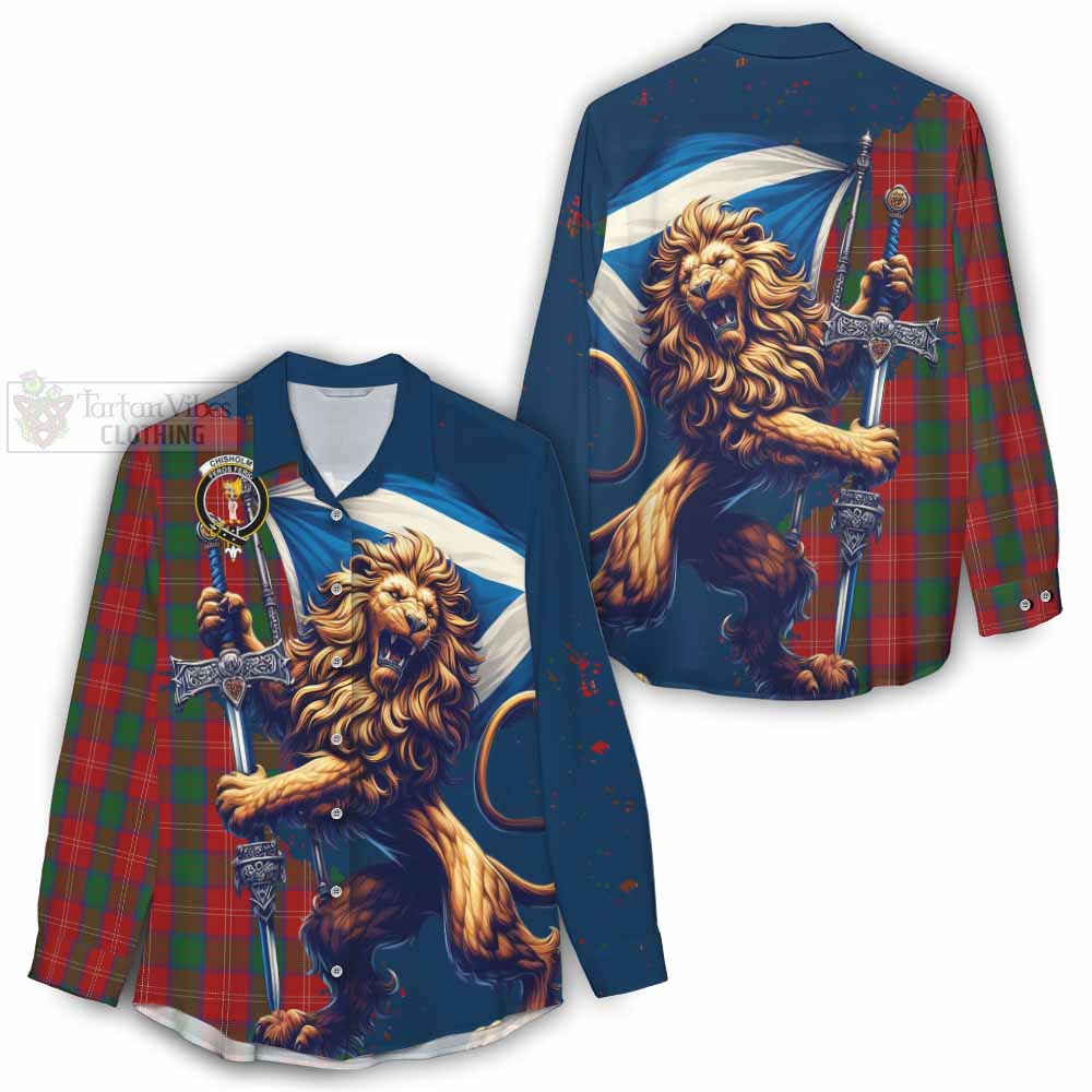 Tartan Vibes Clothing Chisholm Tartan Family Crest Women's Casual Shirt with Scottish Majestic Lion