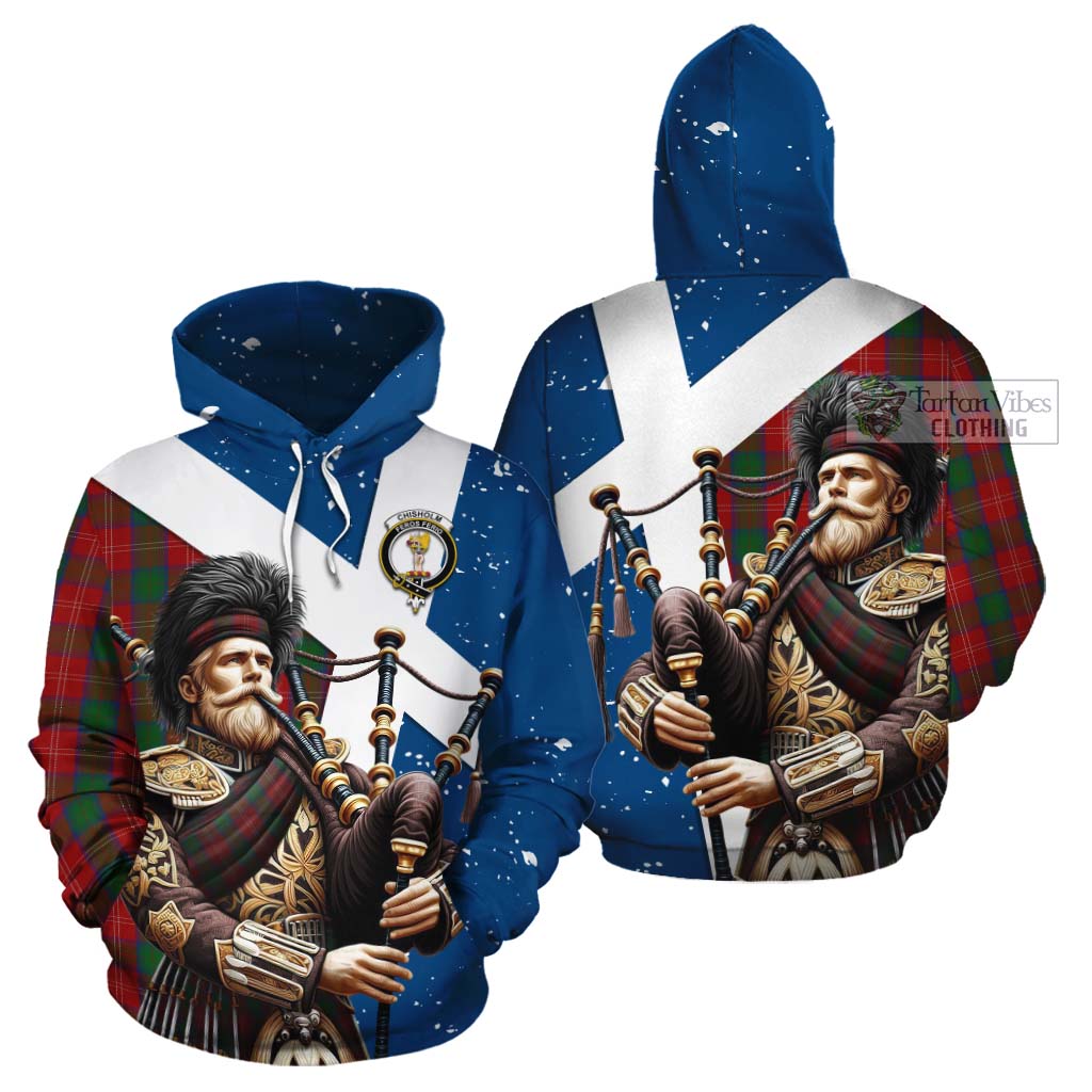 Tartan Vibes Clothing Chisholm Tartan Cotton Hoodie with Family Crest Scottish Bagpiper Vibes