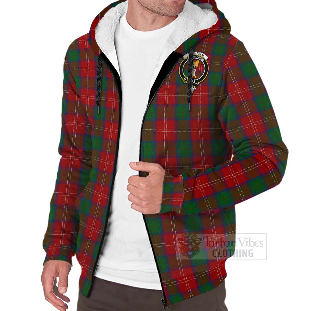 Tartan Vibes Clothing Chisholm Tartan Sherpa Hoodie with Family Crest Celtic Skull Style