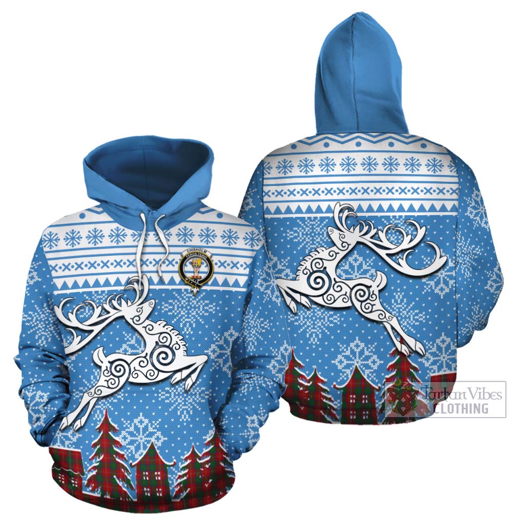 Tartan Vibes Clothing Chisholm Clan Christmas Cotton Hoodie Celtic Reindeer Style