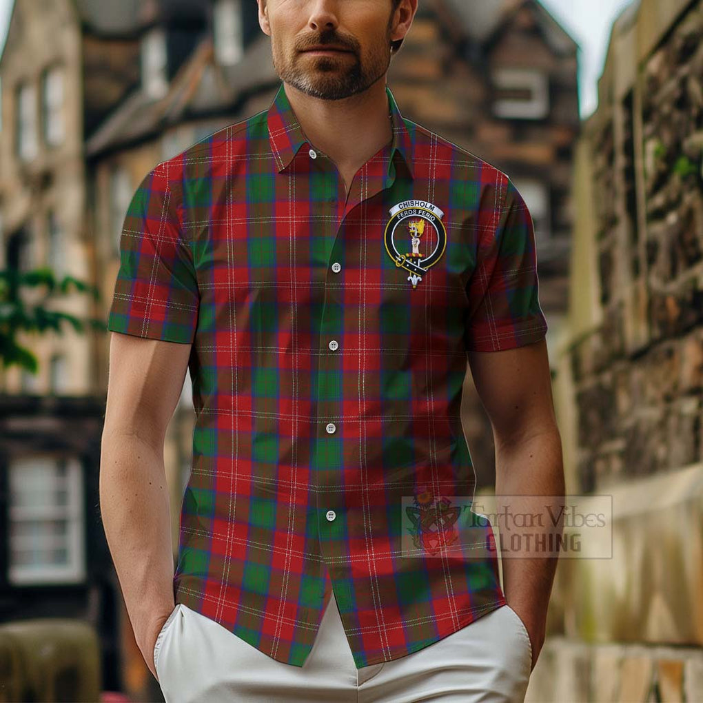 Tartan Vibes Clothing Chisholm Tartan Short Sleeve Button Shirt with Family Crest and Bearded Skull Holding Bottles of Whiskey