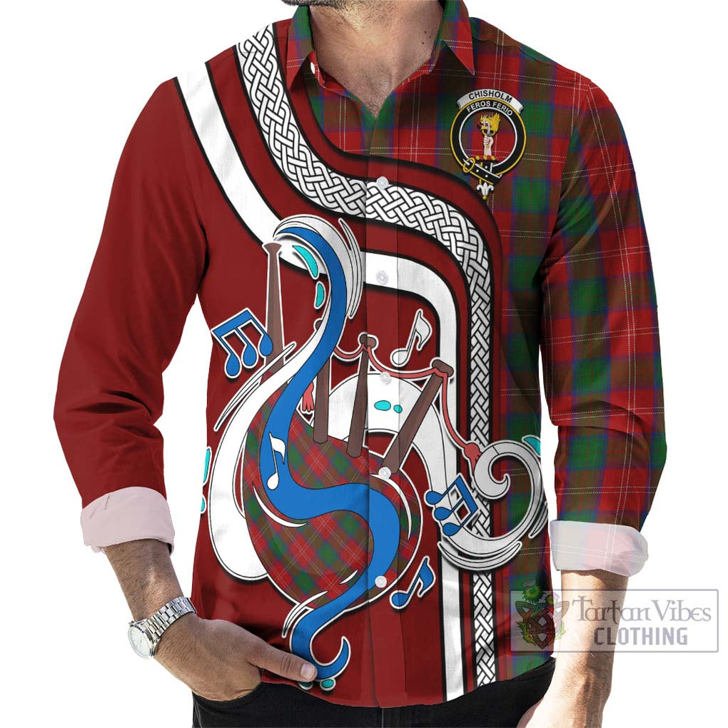 Chisholm Tartan Long Sleeve Button Shirt with Epic Bagpipe Style - Tartanvibesclothing Shop