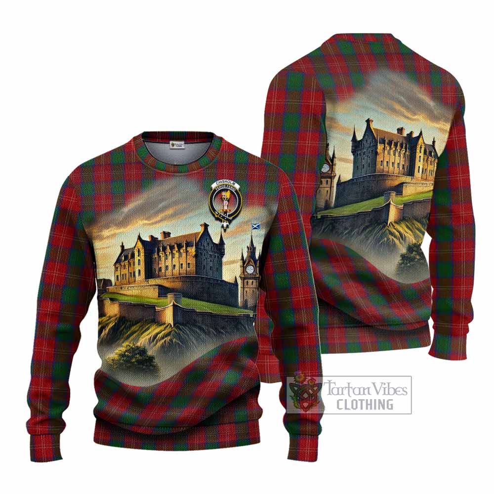 Chisholm Tartan Family Crest Knitted Sweater with Scottish Ancient Castle Style - Tartan Vibes Clothing
