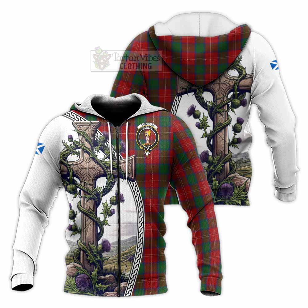 Tartan Vibes Clothing Chisholm Tartan Knitted Hoodie with Family Crest and St. Andrew's Cross Accented by Thistle Vines