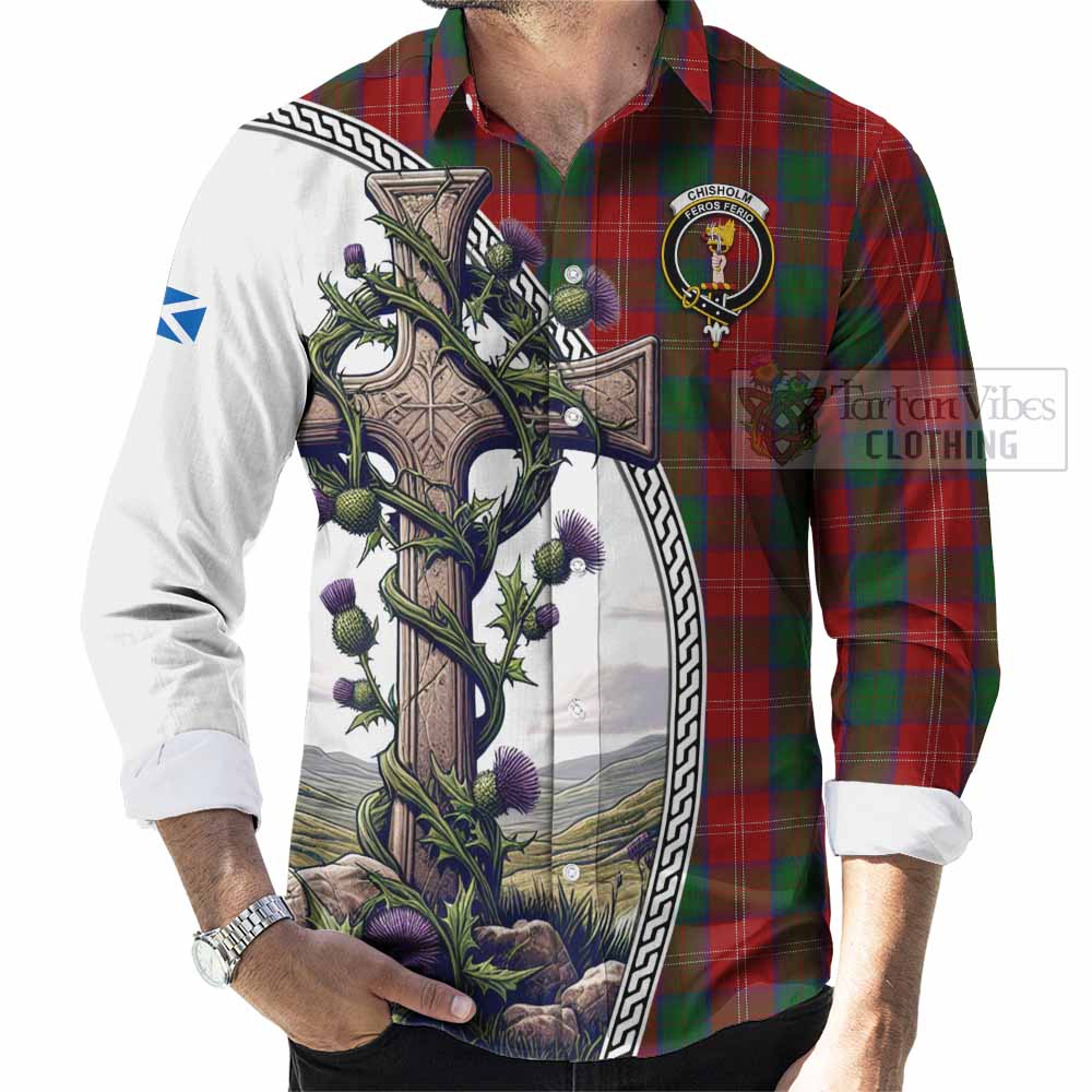 Tartan Vibes Clothing Chisholm Tartan Long Sleeve Button Shirt with Family Crest and St. Andrew's Cross Accented by Thistle Vines