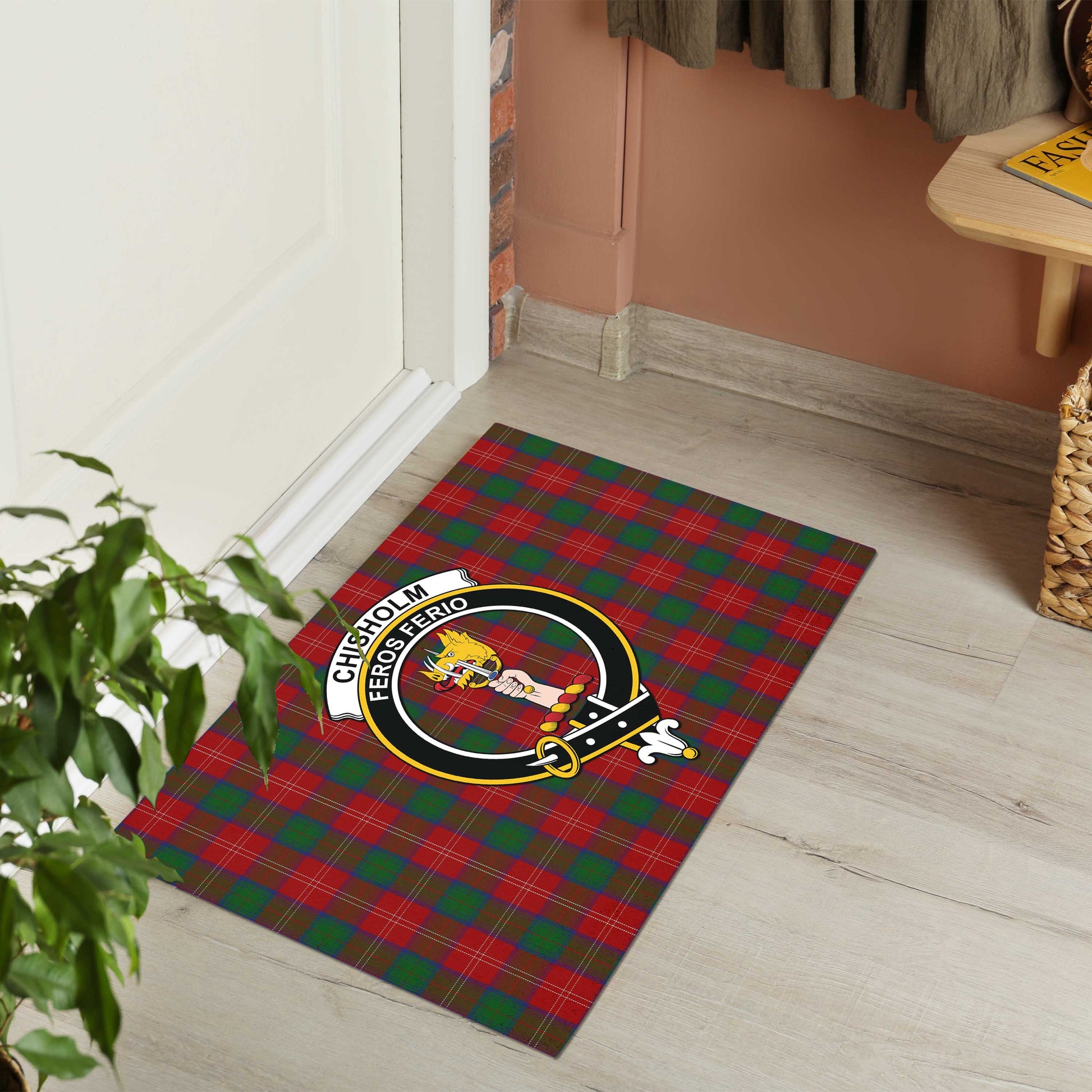 Chisholm Tartan Door Mat with Family Crest - Tartanvibesclothing