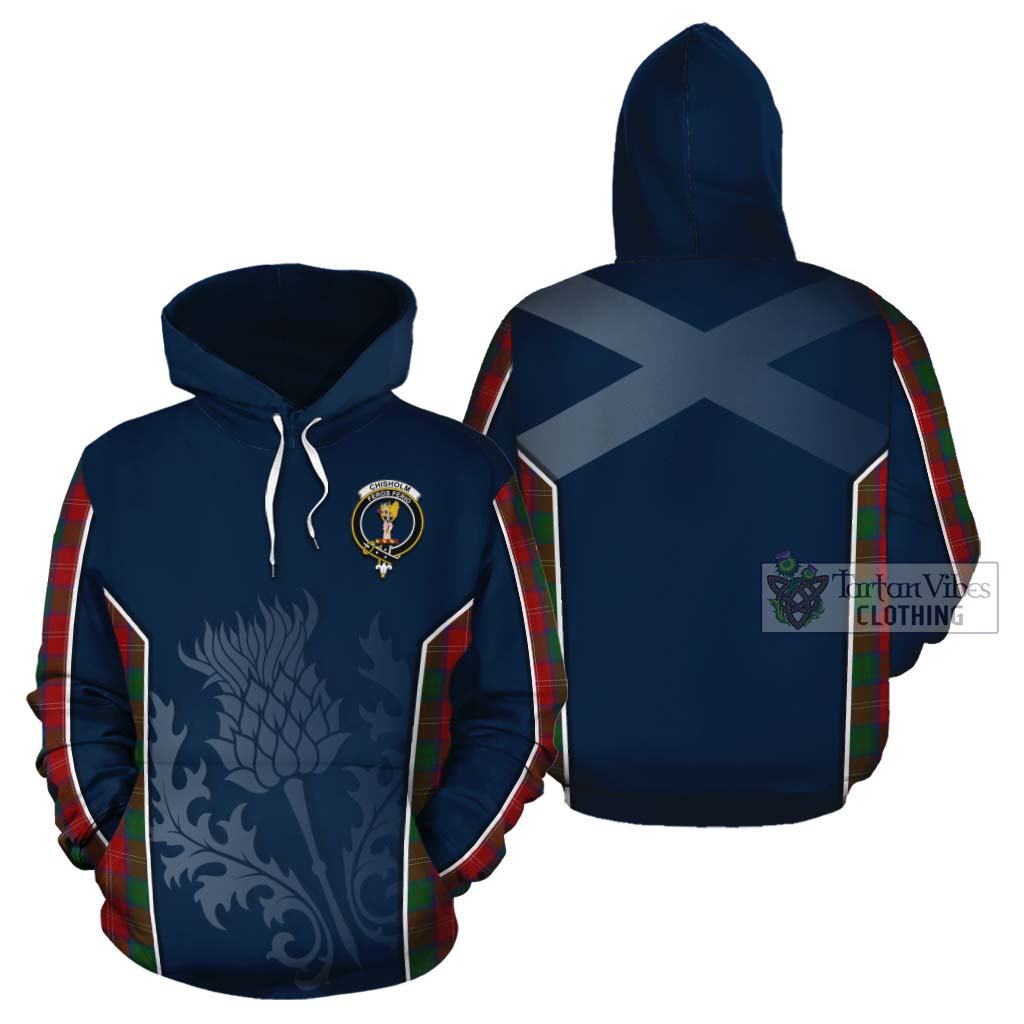 Tartan Vibes Clothing Chisholm Tartan Cotton Hoodie with Family Crest and Scottish Thistle Vibes Sport Style