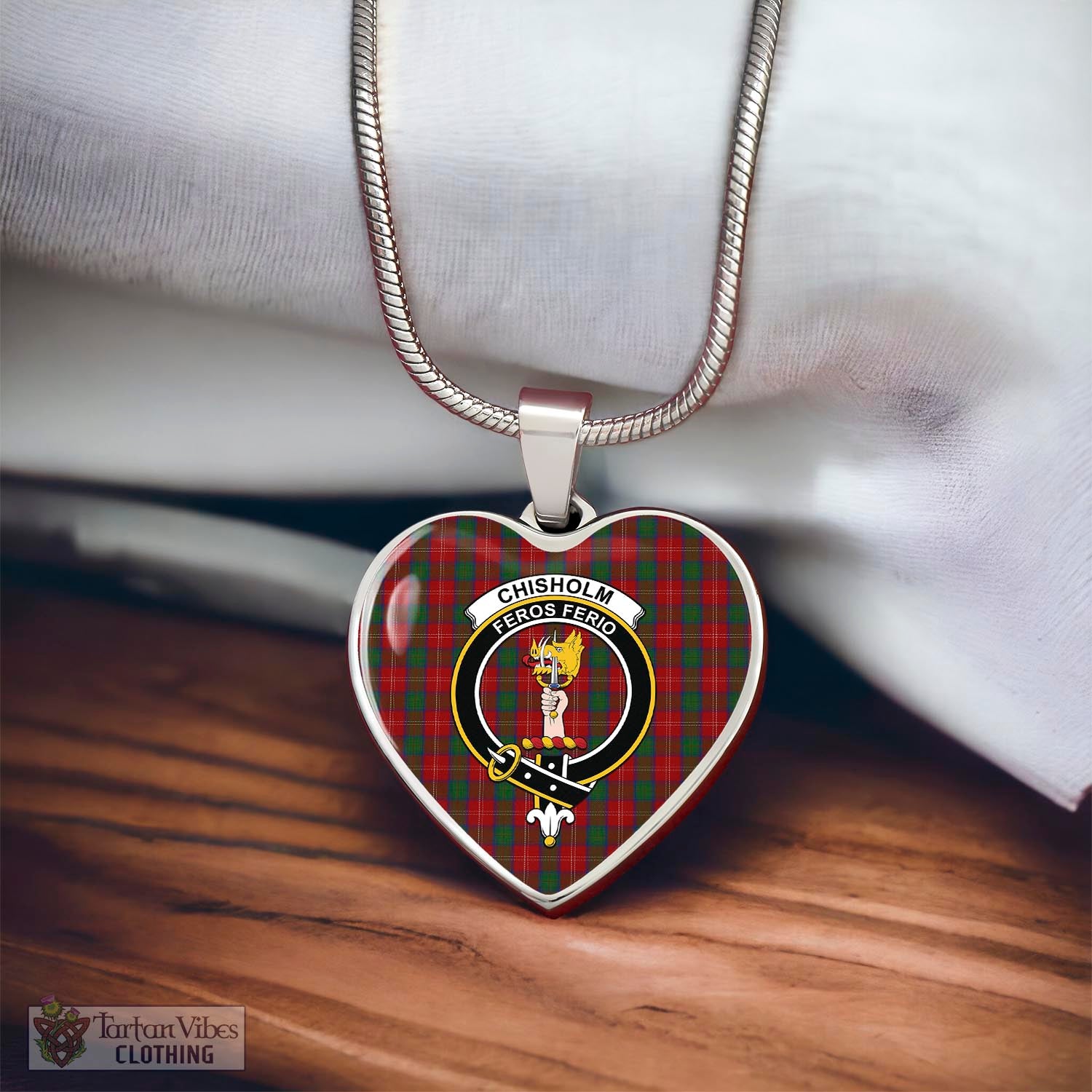 Tartan Vibes Clothing Chisholm Tartan Heart Necklace with Family Crest