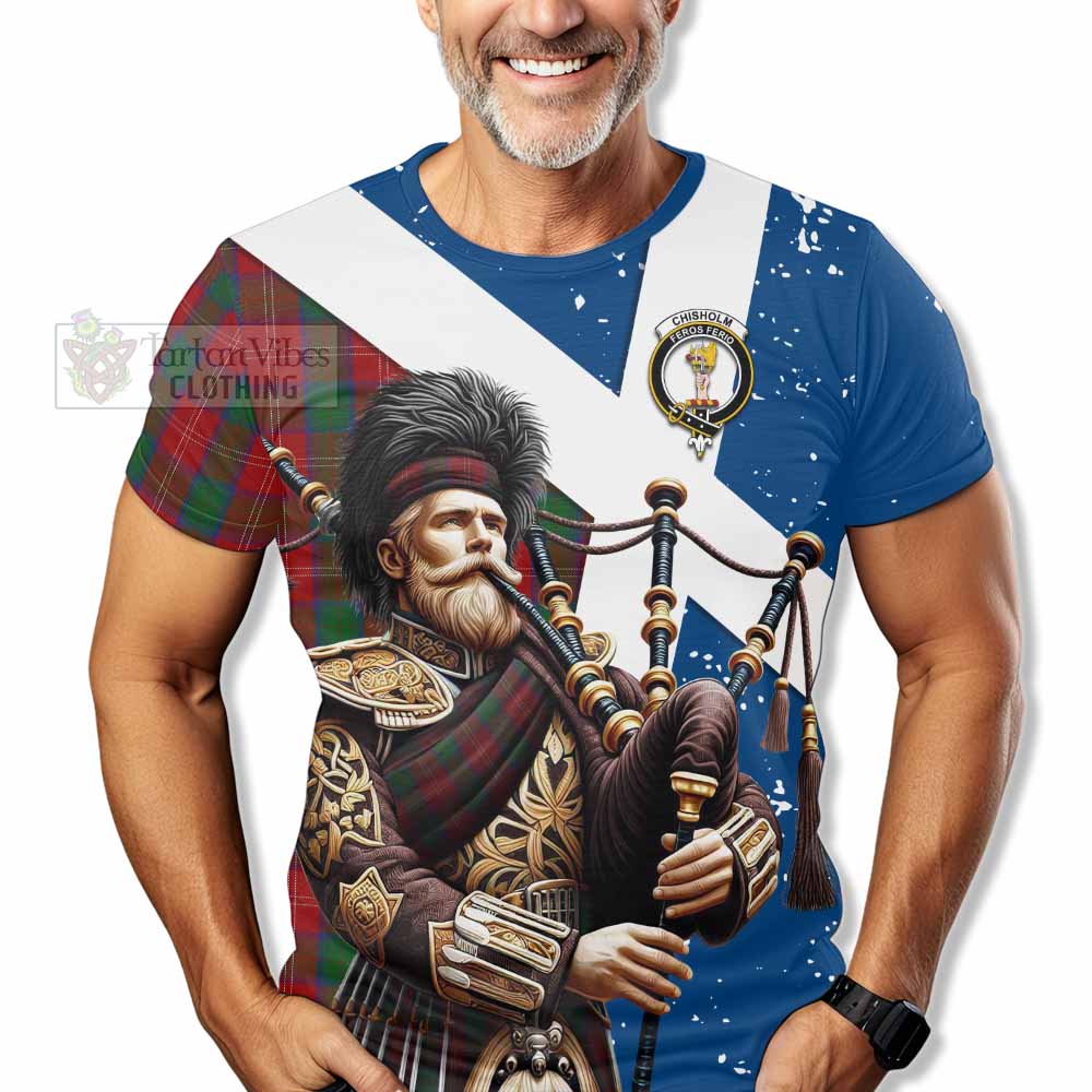 Tartan Vibes Clothing Chisholm Tartan T-Shirt with Family Crest Scottish Bagpiper Vibes