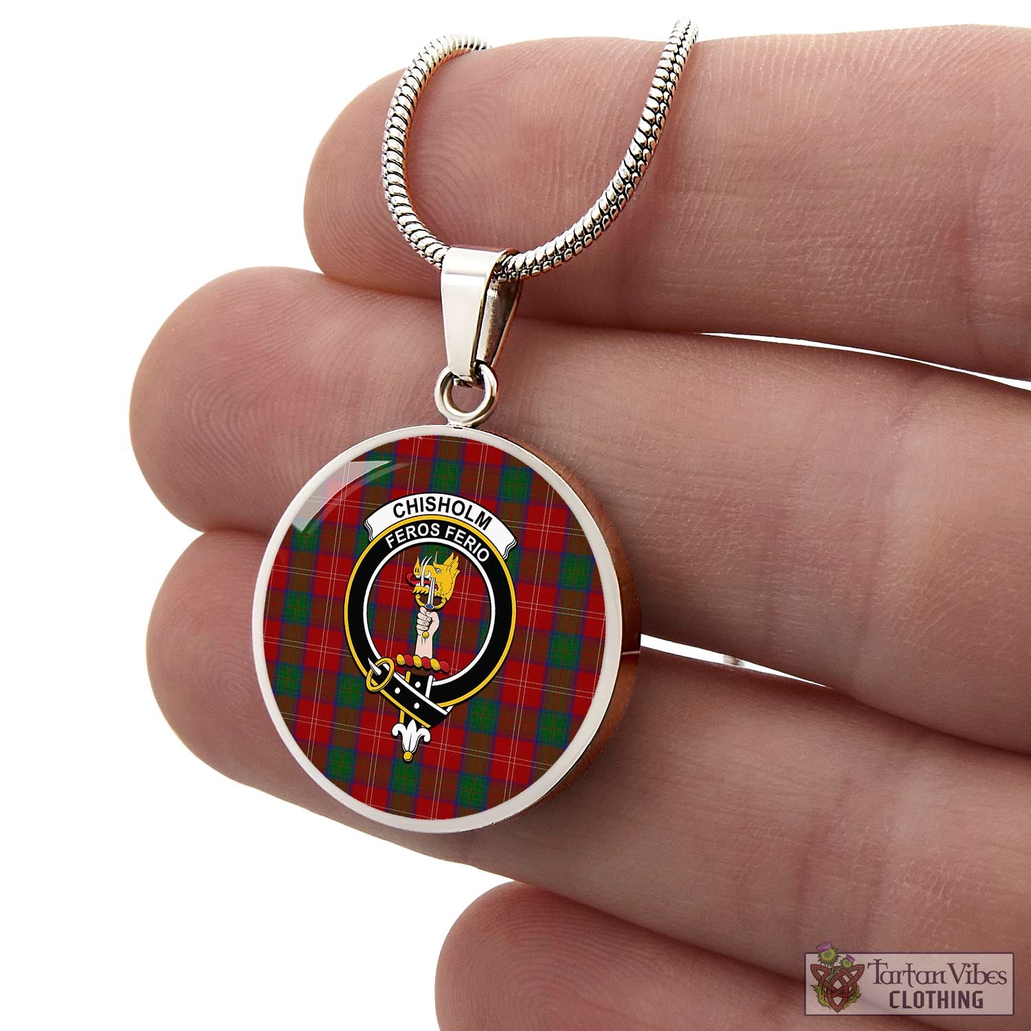 Tartan Vibes Clothing Chisholm Tartan Circle Necklace with Family Crest