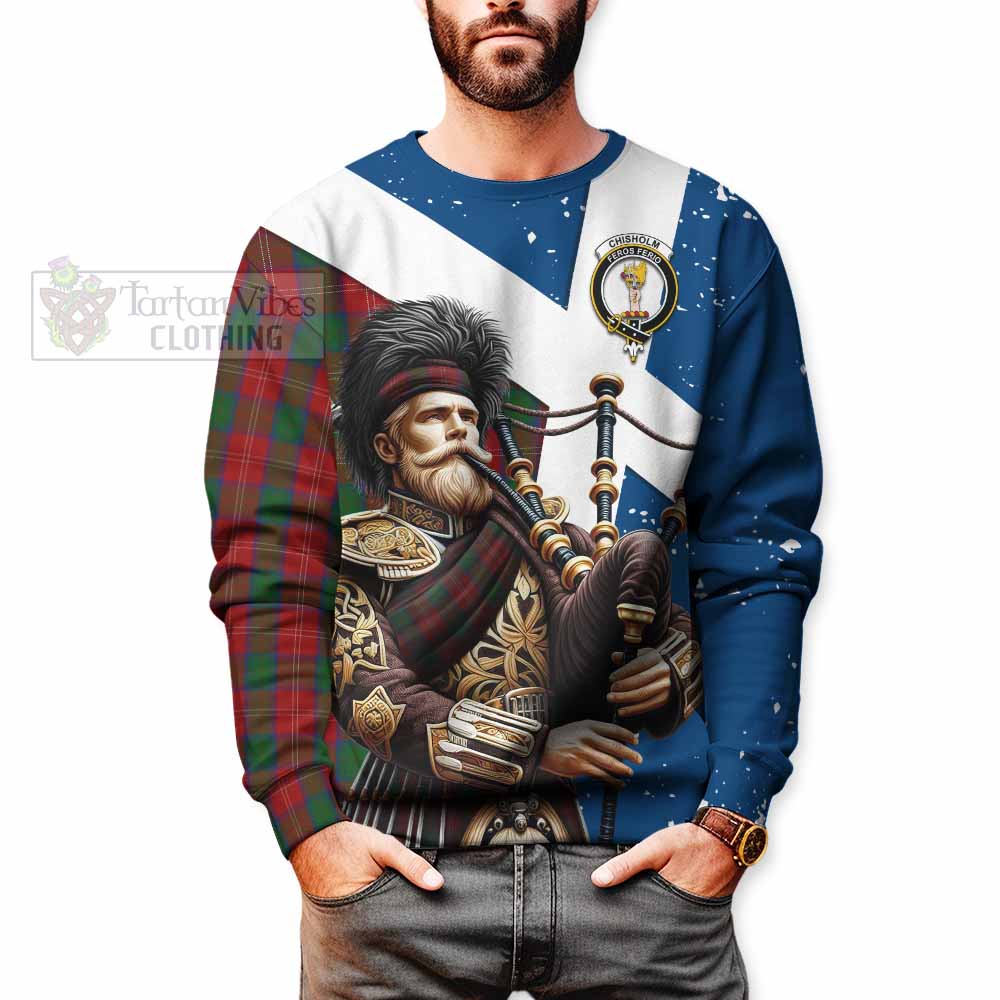 Tartan Vibes Clothing Chisholm Tartan Sweatshirt with Family Crest Scottish Bagpiper Vibes