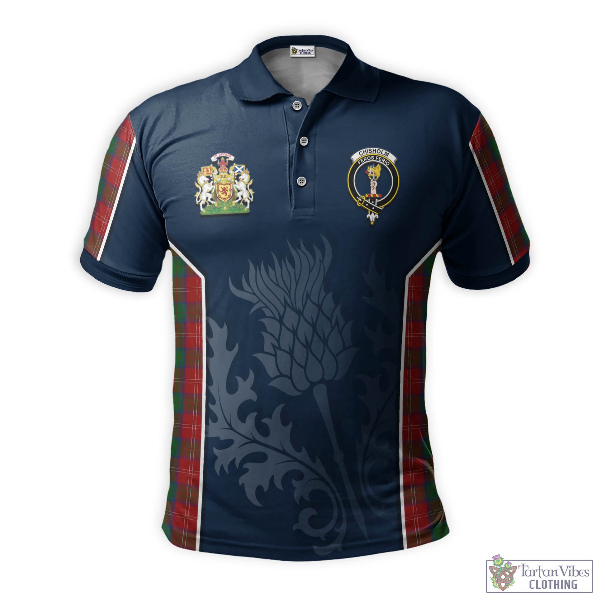 Tartan Vibes Clothing Chisholm Tartan Men's Polo Shirt with Family Crest and Scottish Thistle Vibes Sport Style