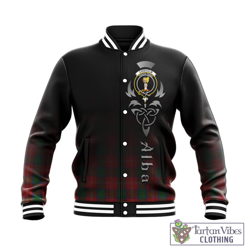 Tartan Vibes Clothing Chisholm Tartan Baseball Jacket Featuring Alba Gu Brath Family Crest Celtic Inspired