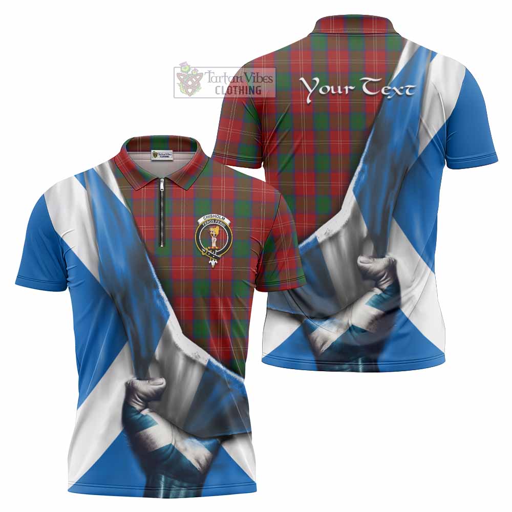 Tartan Vibes Clothing Chisholm Tartan Zipper Polo Shirt with Family Crest Scotland Patriotic Style