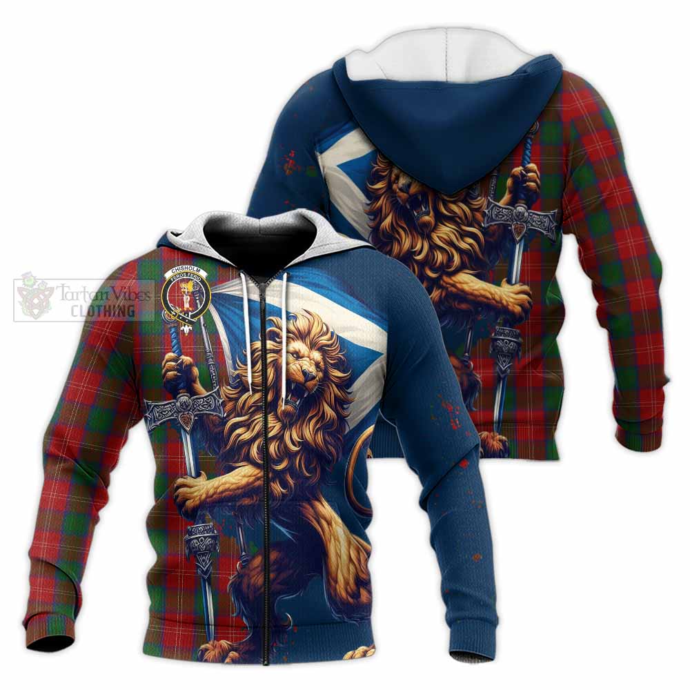 Tartan Vibes Clothing Chisholm Tartan Family Crest Knitted Hoodie with Scottish Majestic Lion