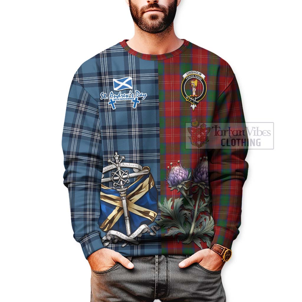 Chisholm Tartan Sweatshirt Happy St. Andrew's Day Half Tartan Style - Tartan Vibes Clothing