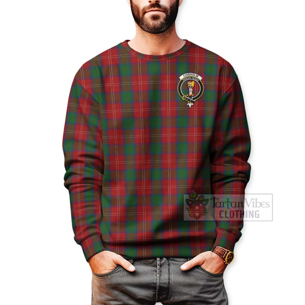 Tartan Vibes Clothing Chisholm Tartan Sweatshirt with Family Crest Celtic Skull Style